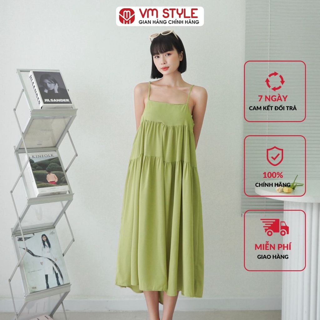 Đầm babydoll dáng dài xanh lá VMS TYLE form rộng, BBD 2 dây trơn xòe 22VD05EP0602