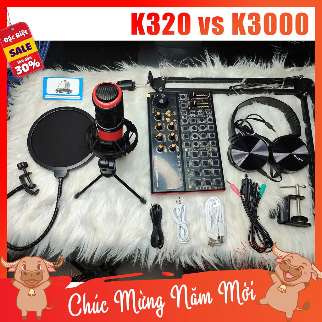 [tặng full phụ kiện] trọn bộ combo micro K320 + sound card K3000 + full phụ kiện livestream karaoke thu âm chuẩn bh 12th