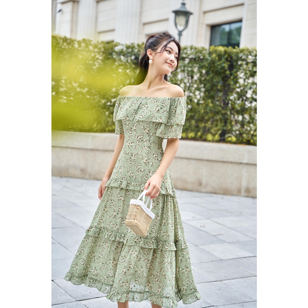 Váy hoa nhí xanh trễ vai chất tằm cao cấp 2 lớp đi du lịch YAME