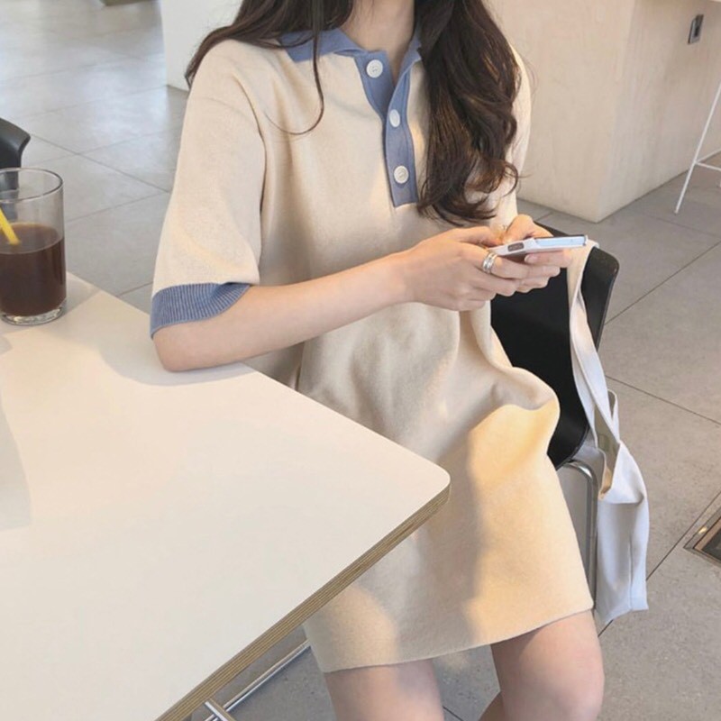 VÁY POLO KEM VIỀN CỔ XANH TRẮNG - ÁO VÁY POLO BE VIỀN PHỐI MÀU CÚC CÀI ULZZANG