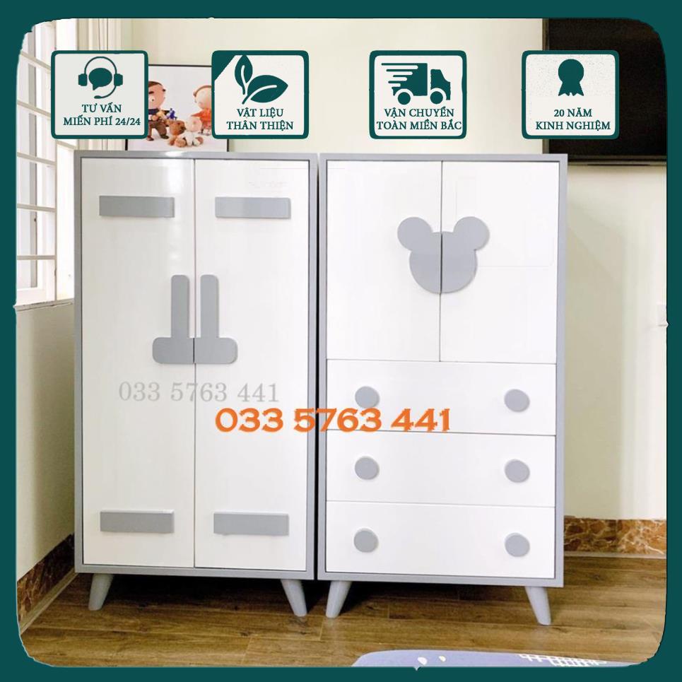 Tủ trẻ em kích thước 120x60cm gỗ MDF phủ melamine tủ có thanh treo quần áo và ngăn kéo có ray trượt.