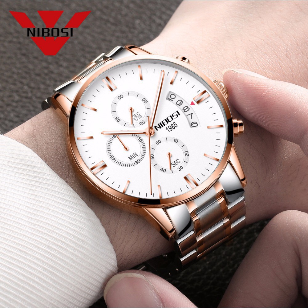 Đồng hồ nam Nibosi dây kim loại chạy full 6 kim kèm lịch ngày chạy dọc  + Tặng hộp đồng hồ