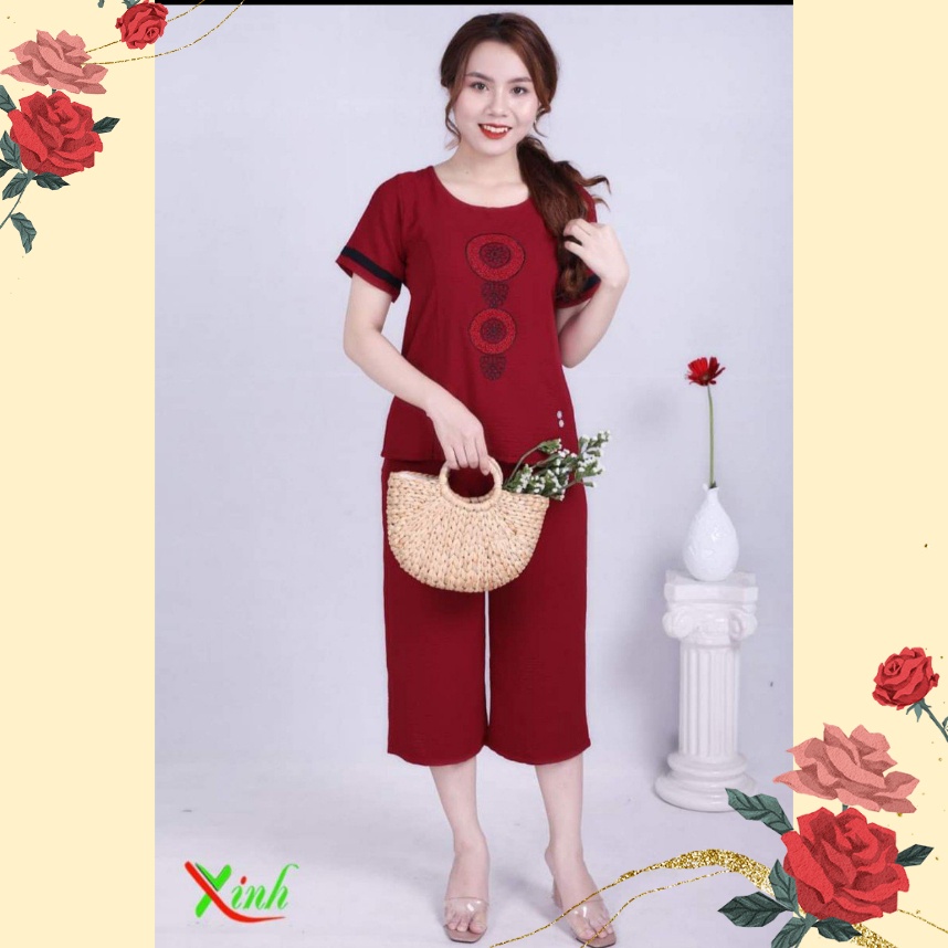 Đồ bộ trung niên cho mẹ Ống rộng lỡ thiết kế chất đũi thêu hoa DT03