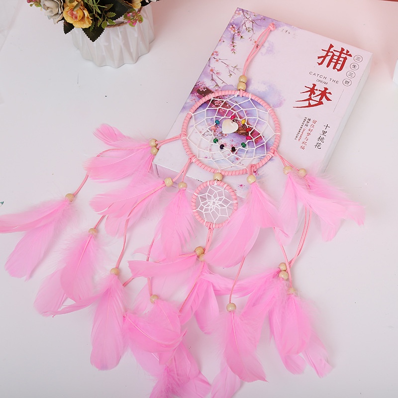 CÓ ĐÈN LED - Dreamcatcher 2 Tầng Gắn Lông Vũ Tặng Kèm Móc Dán Tường