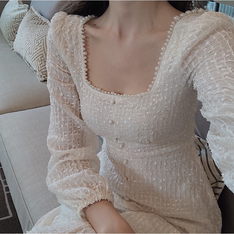 Đầm tiều thư cổ vuông ulzzang đính ngọc sang chảnh - u.w