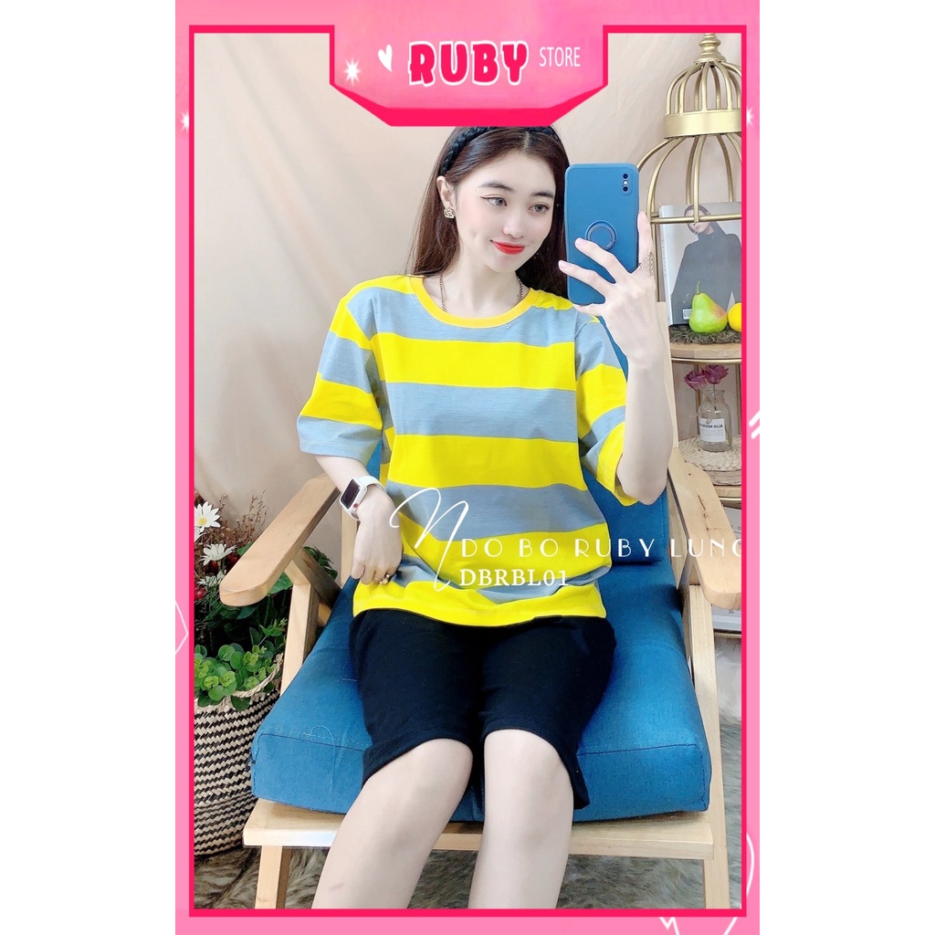 Đồ bộ thun lửng cho nữ mặc nhà chất vải mềm mát phối sọc in họa tiết xinh xắn DBRBLCT