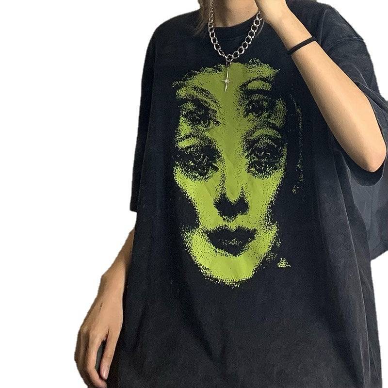 Đen Áo Thun Tay Ngắn Dáng Rộng In Họa Tiết Phong Cách Hip Hop Thời Trang Cho Nữ