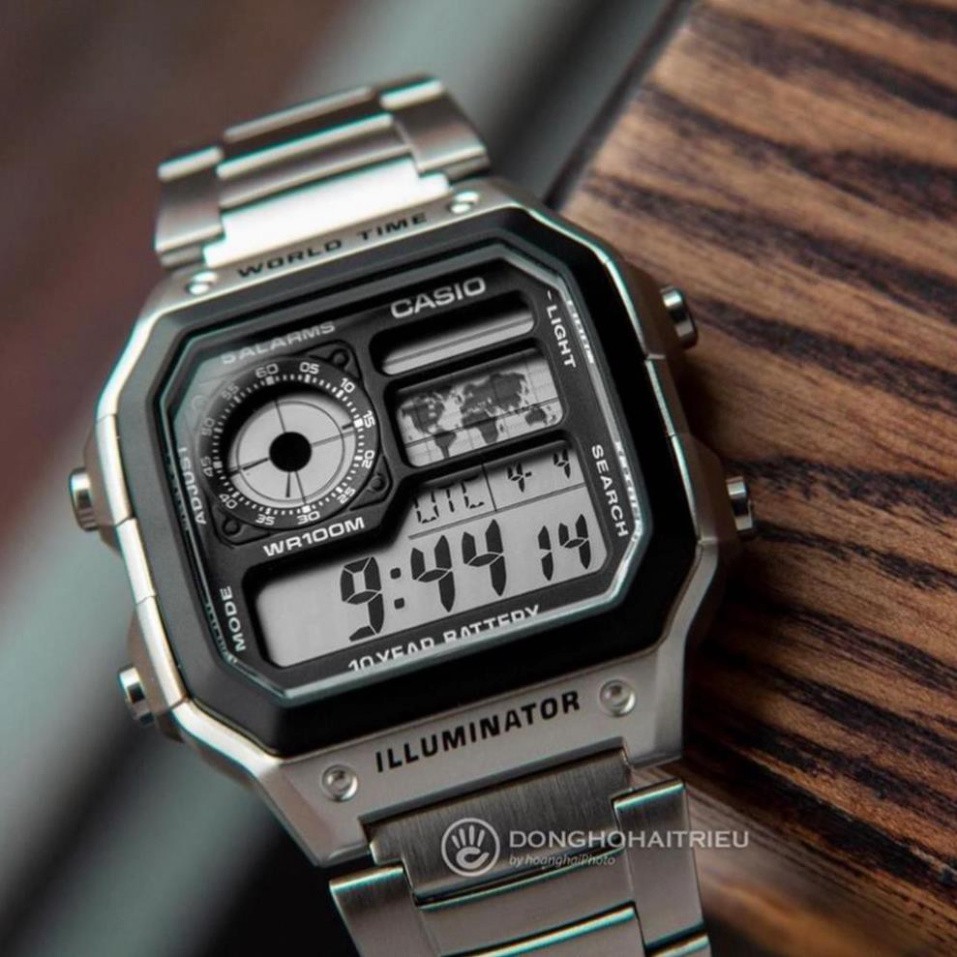 [HOT 2021]Đồng hồ nam Casio AE 1200-WHD classic chống nước , dây thép không gỉ (dây bạc mặt đen)-FULL BOX THiếc chínhãng