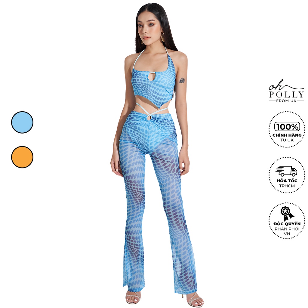 Oh Polly - Set áo croptop cổ yếm vải lưới, áo họa tiết và quần suông ống rộng sexy