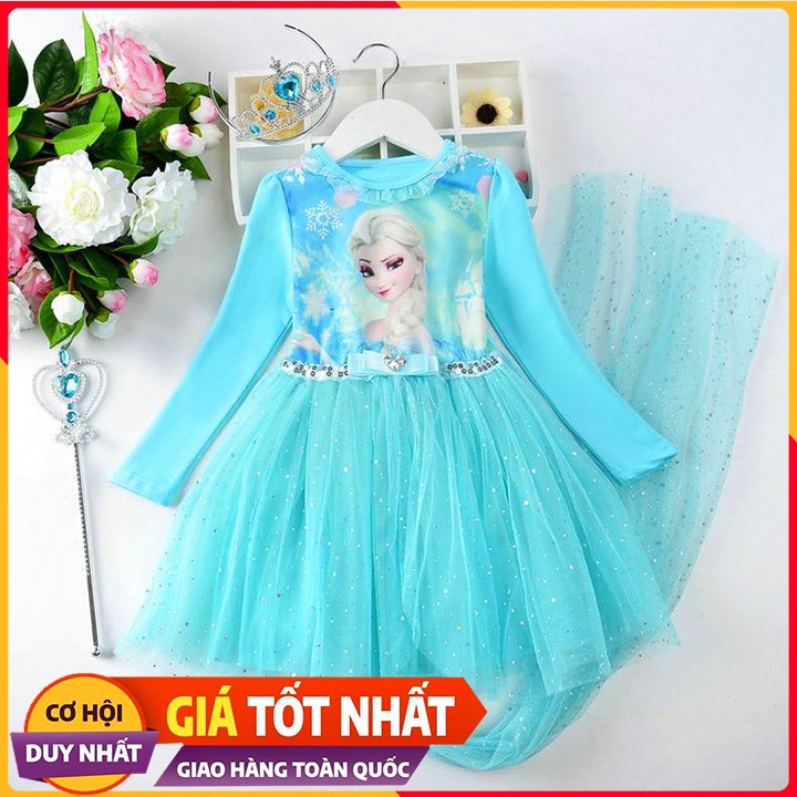 Váy Elsa Dài Tay Xanh Có Phụ Kiện. Váy Công Chúa Else FROZEN Bé Gái Xanh