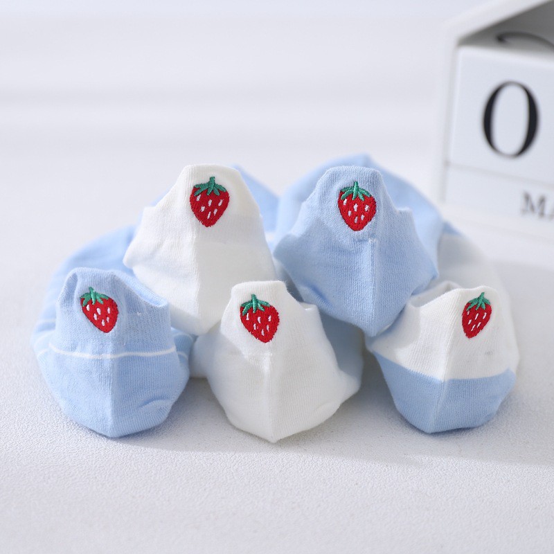 WAFNHA D269 Vớ Cotton Cổ Thấp Thêu Hình Dâu Tây/Hoạt Hình Dễ Thương Màu Xanh Dương Nhạt Thời Trang