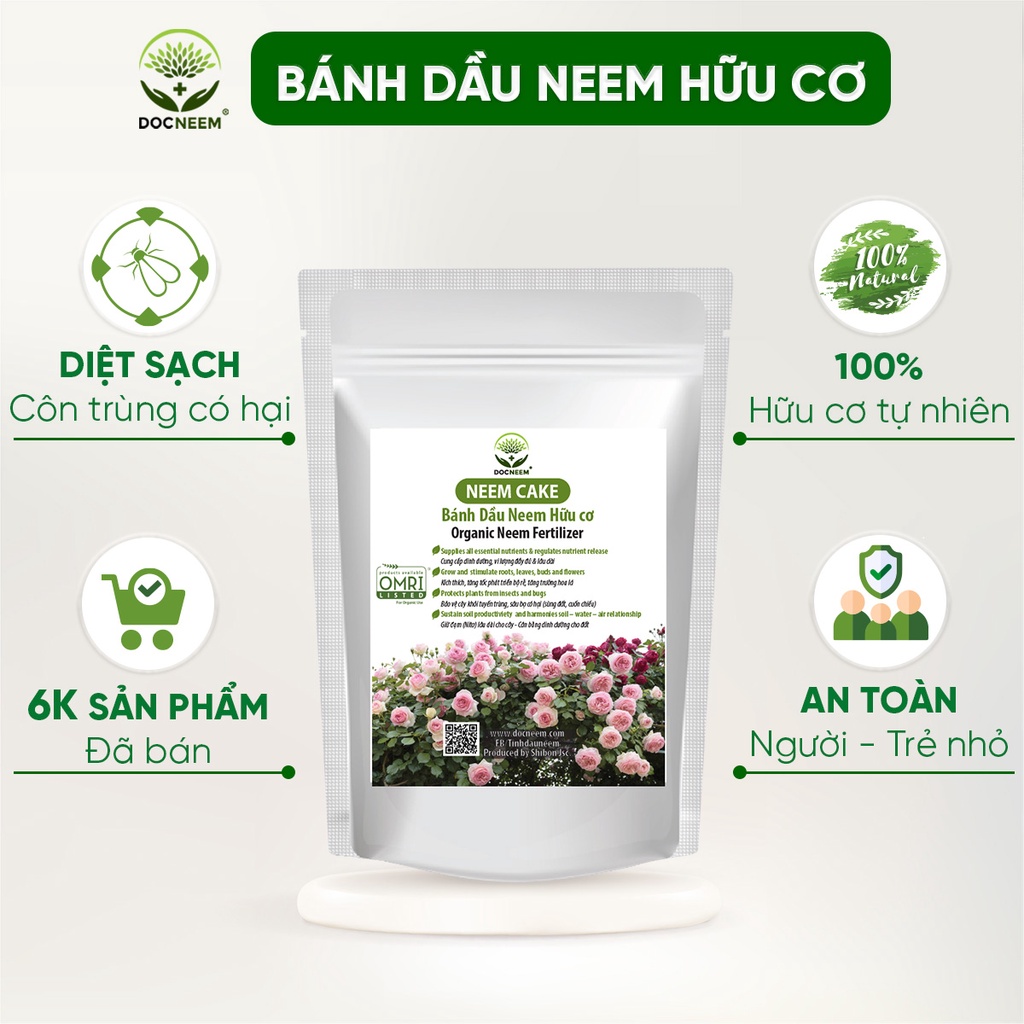 Neem Cake túi 1kg trị sùng đất, cuốn chiếu, hỗ trợ kích rễ, mầm, hoa, thân lá, thương hiệu DOCNEEM