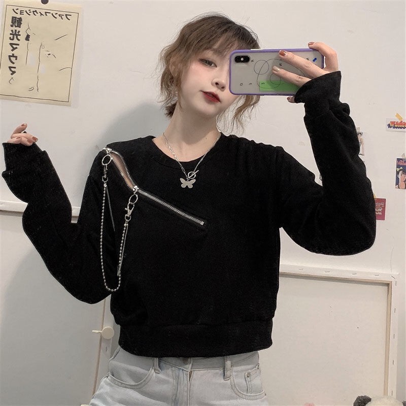 Áo Sweater Trễ Vai Cổ Tròn Tay Dài Dáng Rộng Màu Đen Phong Cách Hàn Quốc Thời Trang Xuân Thu Cho Nữ 2021