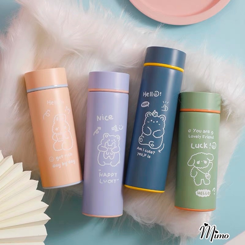 Bình giữ nhiệt cute họa tiết hoạt hình gấu, thỏ, bình inox an toàn chắc chắn dung tích 450ml màu sắc năng động trẻ trung