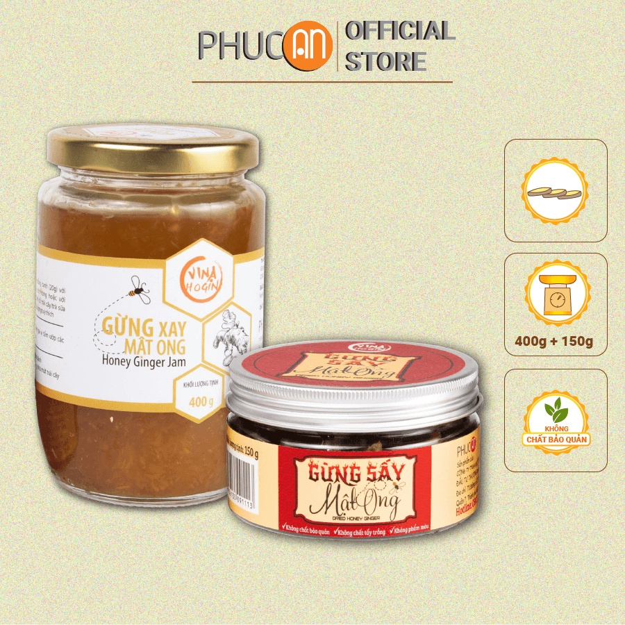 Combo Hũ Gừng Mật ong Phúc An (Gừng Sấy 150gr + Gừng Xay 400gr)