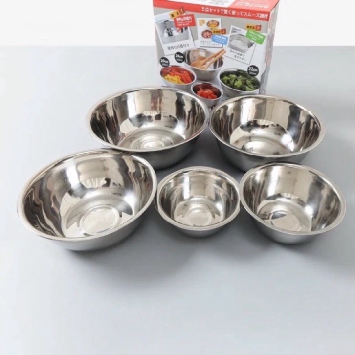 Bộ 5 Bát Âu Trộn Inox Xuất Nhật Hàng Đẹp Siêu Bền Chống Gỉ - Set 5 Bát Tô Inox Nhật shop KUMO