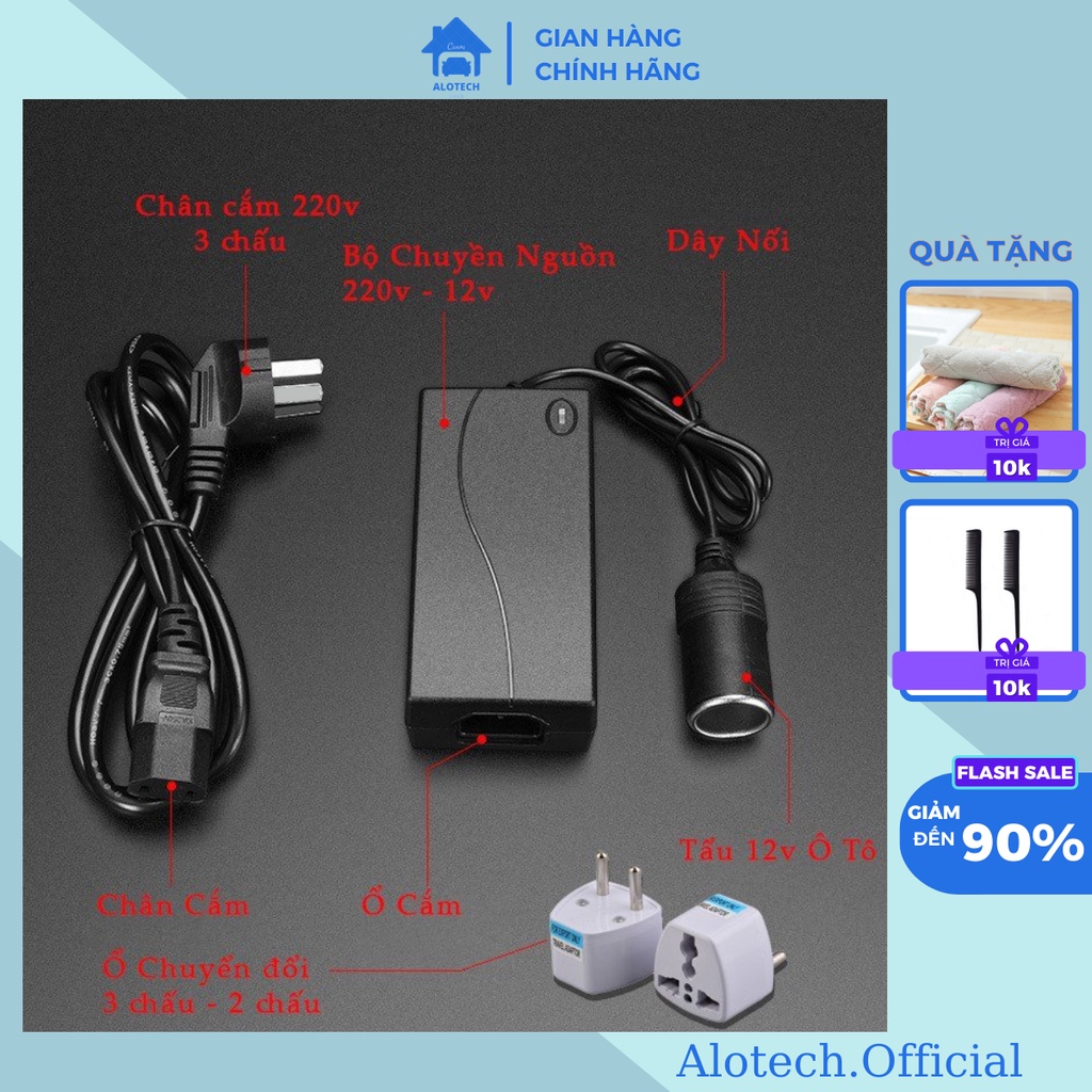 Bộ chuyển đổi nguồn cho tẩu ô tô 220V sang 12V, 110V - 12V kết nối từ tẩu ô tô sử dụng cho máy hút bụi, máy bơm BCD01 ..