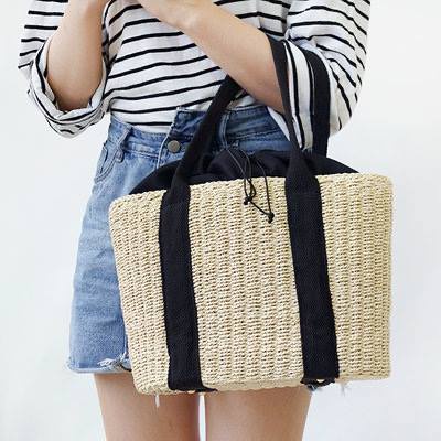 Túi cói TOTE xách tay - dây đeo màu đen - cỡ lớn (bigsize) - phong cách Vintage thanh lịch