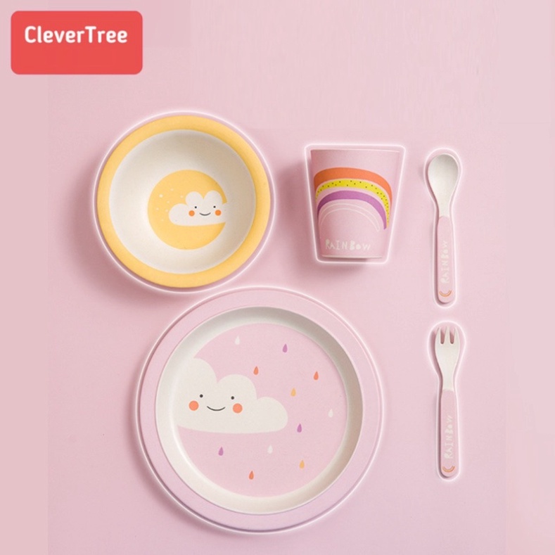 Bộ bát đĩa sợi tre CleverTree cao cấp set 5 chi tiết cho bé ăn dặm