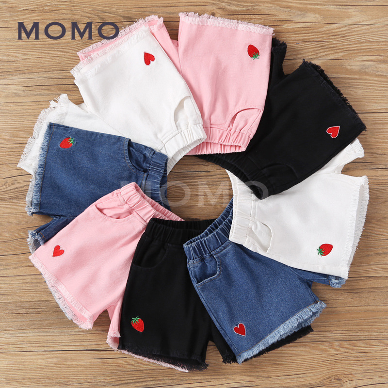 (3-16 Years Old) Children's Fashionable Embroidered Cartoon Denim Shorts Girls' Ripped White All-Matching Outdoor Hot Pants