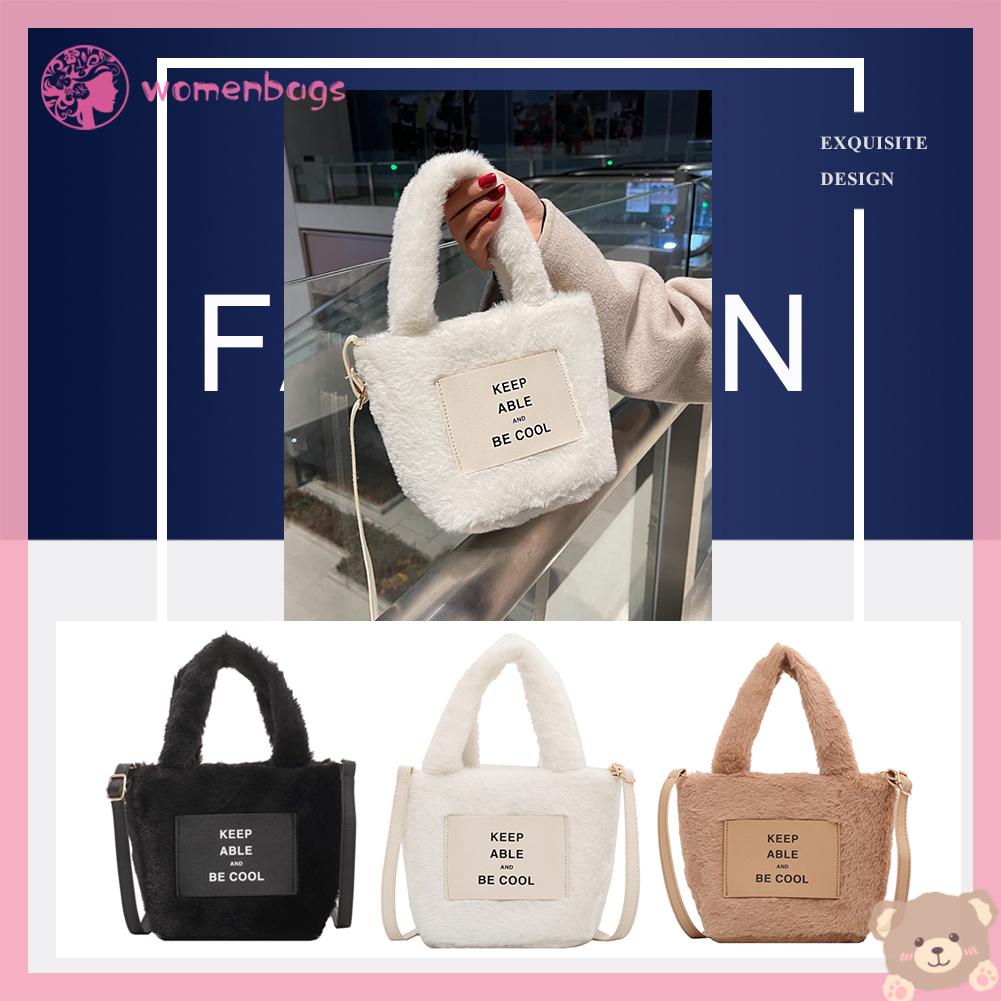 ✿ Wb ✿ Túi Xách Bucket Phủ Lông Họa Tiết Chữ Thời Trang Cho Nữ✿
