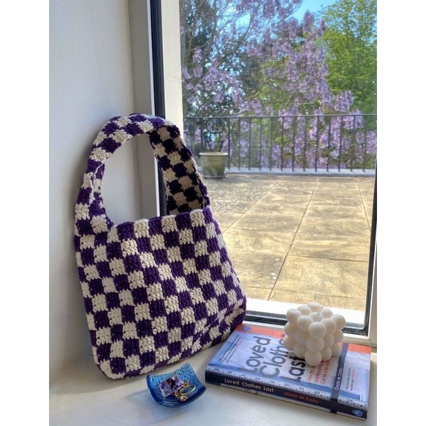Túi len Checkered- túi len caro handmade