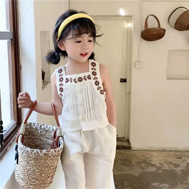Set Áo Hai Dây + Quần Ống Rộng Bằng Vải Cotton Lanh Thời Trang Mùa Hè Hàn Quốc 2023 Dành Cho Bé Gái