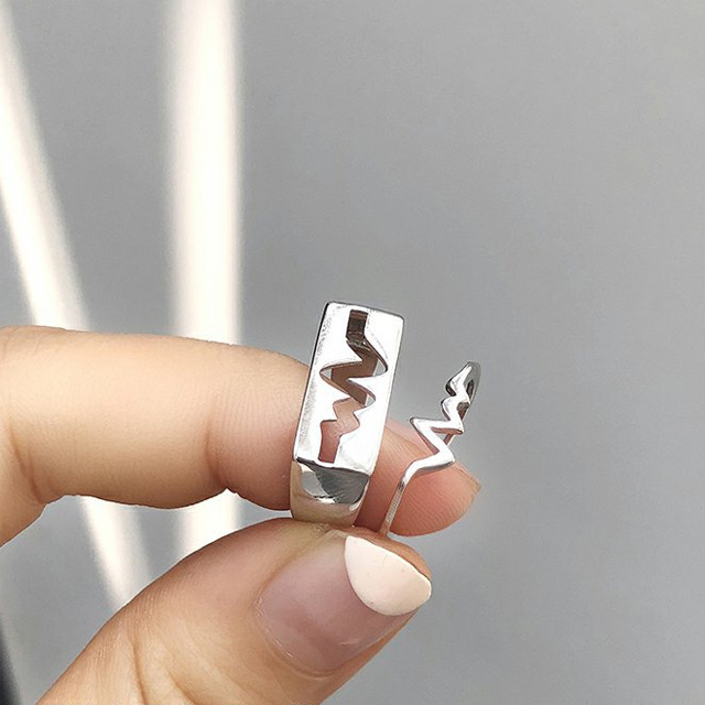 Set nhẫn mạ bạc S925 hình nhịp tim đập 2 trong 1 có thể điều chỉnh dành cho cặp đôi