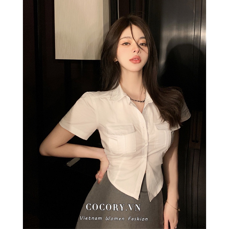 Cocory vn Áo Sơ Mi Tay Ngắn Màu Trắng Phong Cách Vintage Thời Trang Cho Nữ