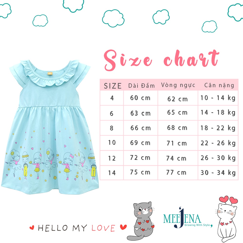 Đầm bé gái cổ bèo MEEJENA in cô gái từ 10-34 kg - Vải COTTON - 1779