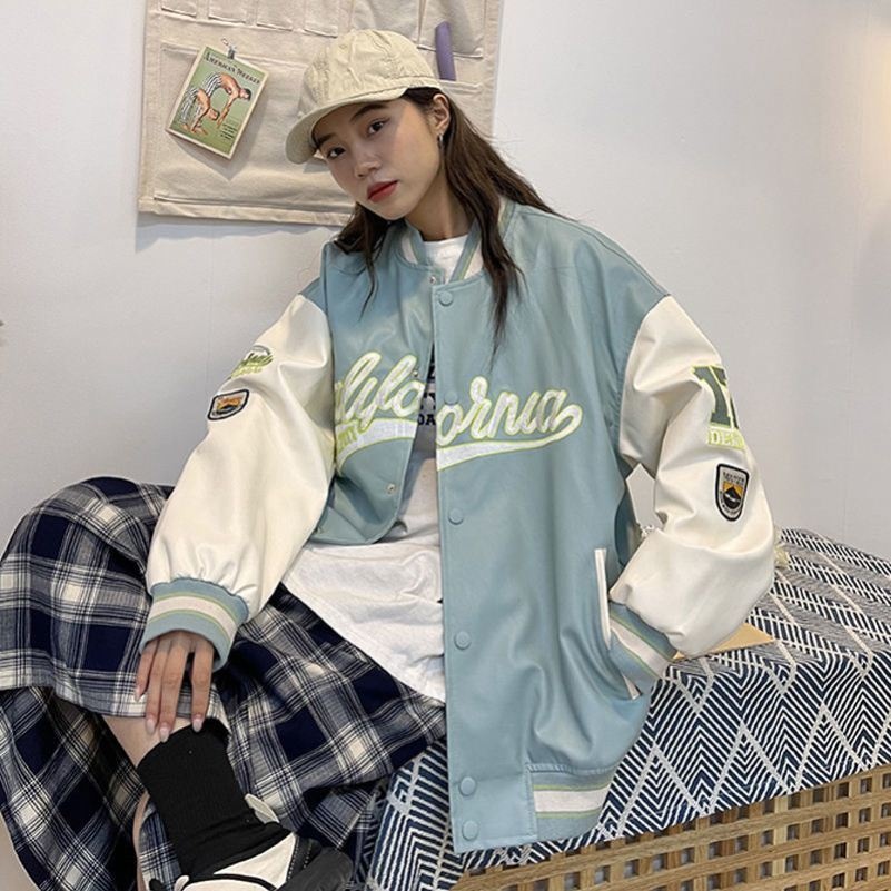 Áo khoác bomber da PU thêu chữ logo bóng chày màu cực độc unisex nam nữ hip hop