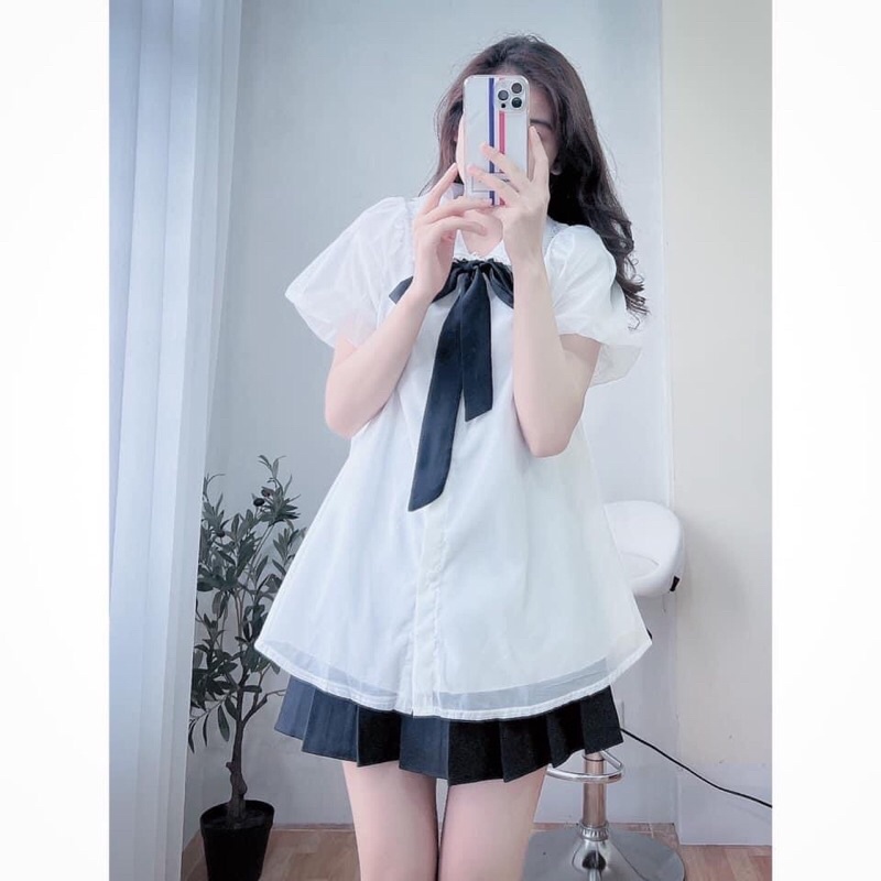 Áo sơ mi voan tơ cổ nơ 2 lớp tay bồng - Áo sơ mi voan tơ tiểu thư cổ nơ (Ảnh thật/Sẵn)