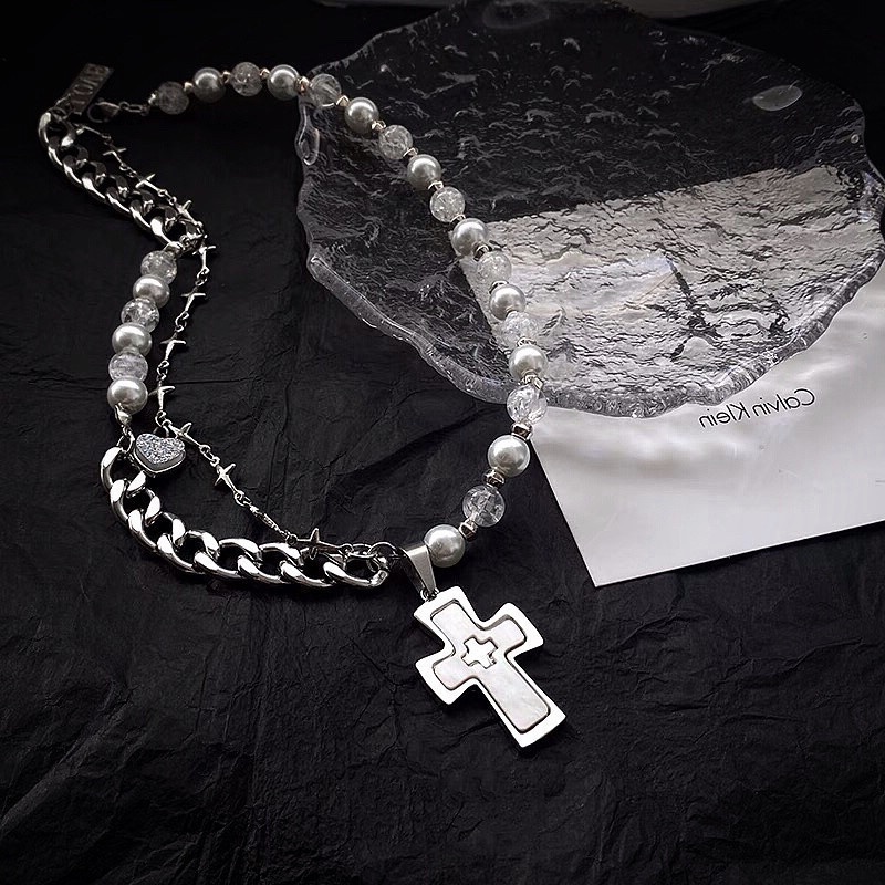 Dây chuyền xích ngọc trai mặt thánh giá phong cách hip hop 19a1421
