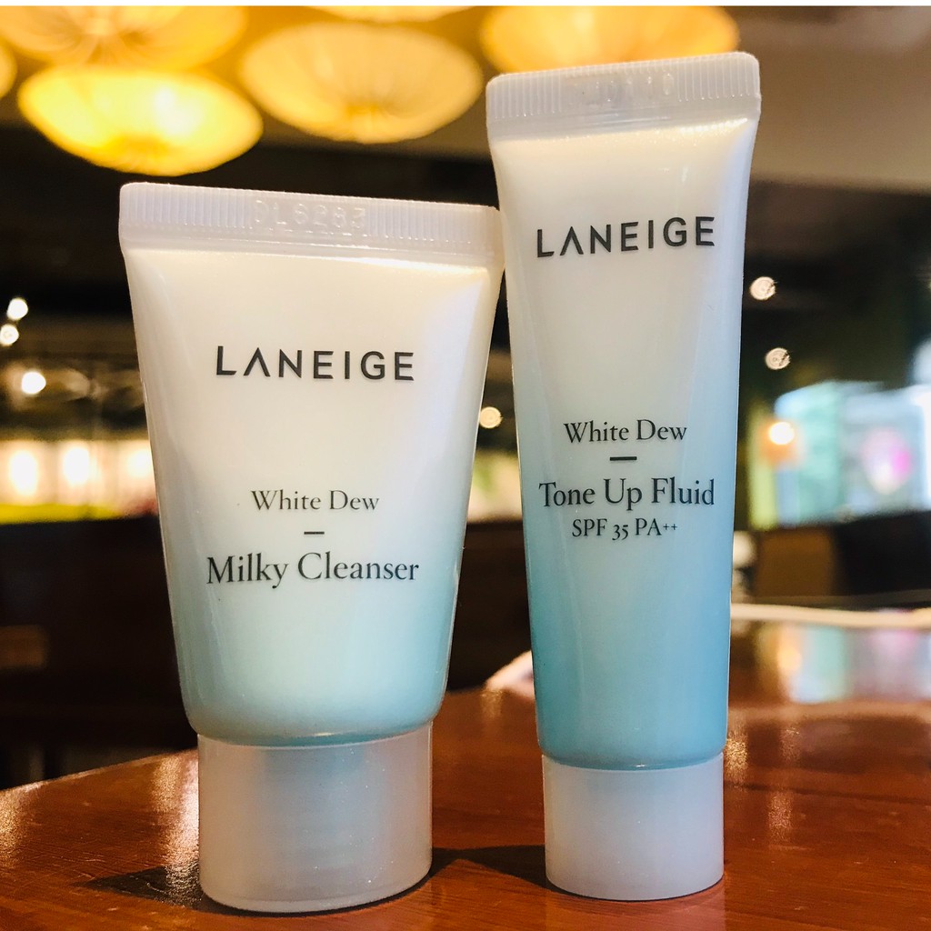 Bộ đôi dưỡng trắng Laneige White Dew ToneUp Fluid 10ml & Laneige White Dew Milky Cleanser 10ML