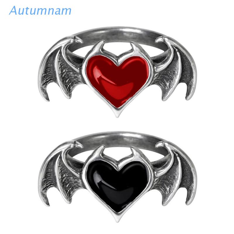 Nhẫn mặt hình cánh dơi và trái tim màu đỏ phong cách cá tính thời trang halloween