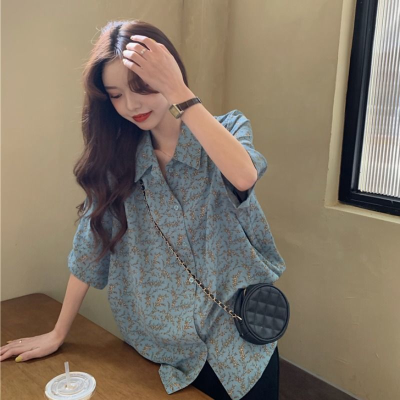 Áo sơ mi ngắn tay dáng rộng in hoa kiểu retro thời trang mùa hè dành cho nữ