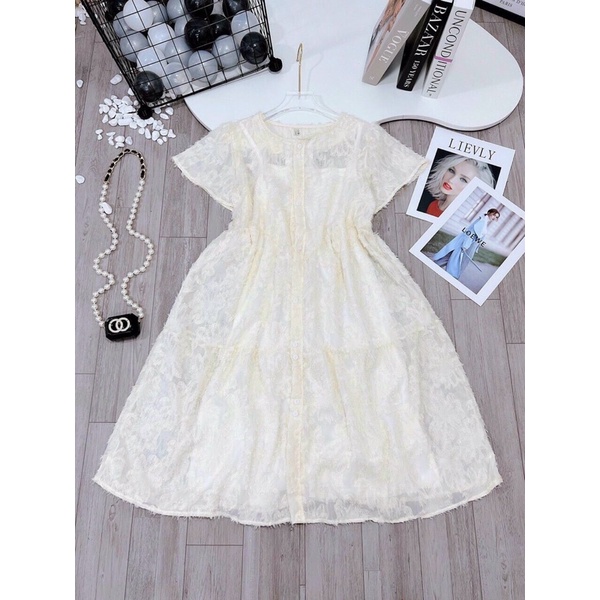 Váy đầm bầu mùa hè Mitamum cộc tay công sở ren pha lông mịn babydoll thiết kế cao cấp