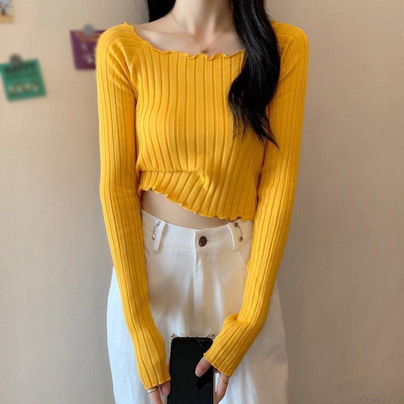 Áo dệt kim tay dài màu trơn dáng ôm thời trang mùa thu phong cách Hàn Quốc cho nữ