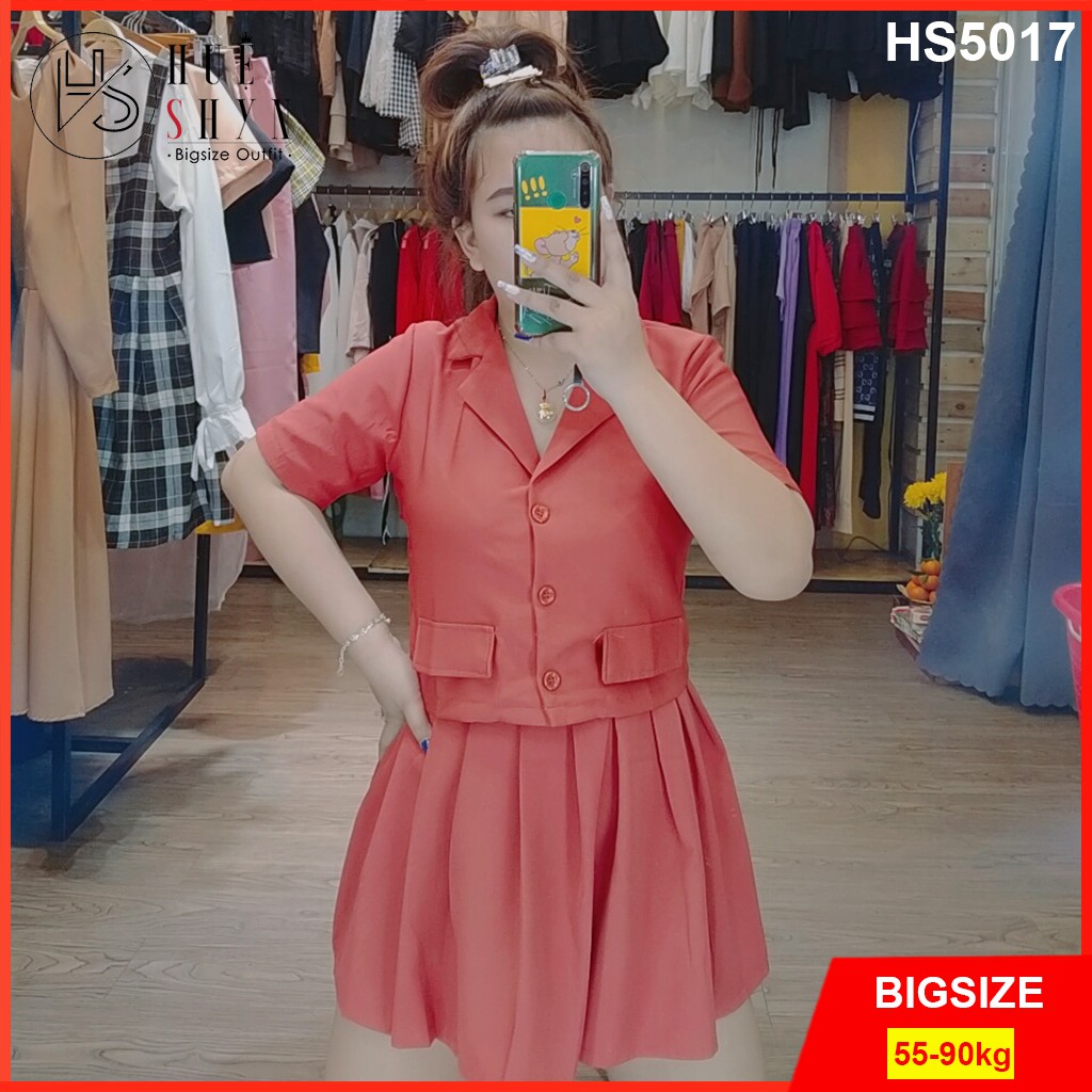 Set bộ vest chân váy áo bigsize nữ: Áo cổ vest + chân váy xếp li HS5017 - Thiết kế cho người béo mập - Size L XL XXL