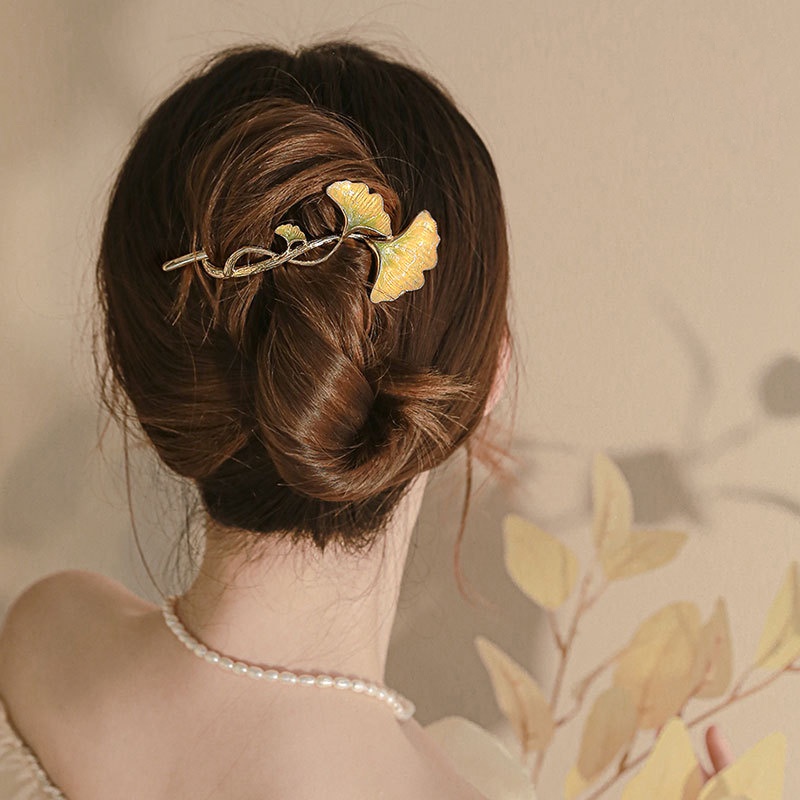 Kẹp Tóc Hình Lá Ginkgo Màu Vàng Phong Cách Trung Hoa