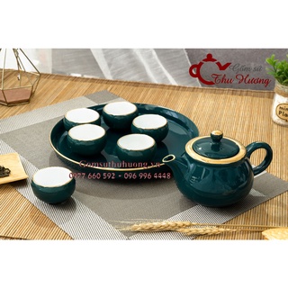 Ấm chén Bát Tràng_Bộ trà ba chân dáng Nhật xanh cửu long vàng kim kèm khay