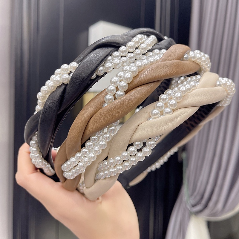 Băng Đô Rửa Mặt Thắt Nút Chéo Bằng Da Nhỏ Gọn Hương Thơm Ngọc Trai Sang Trọng Mùa Thu / Đông