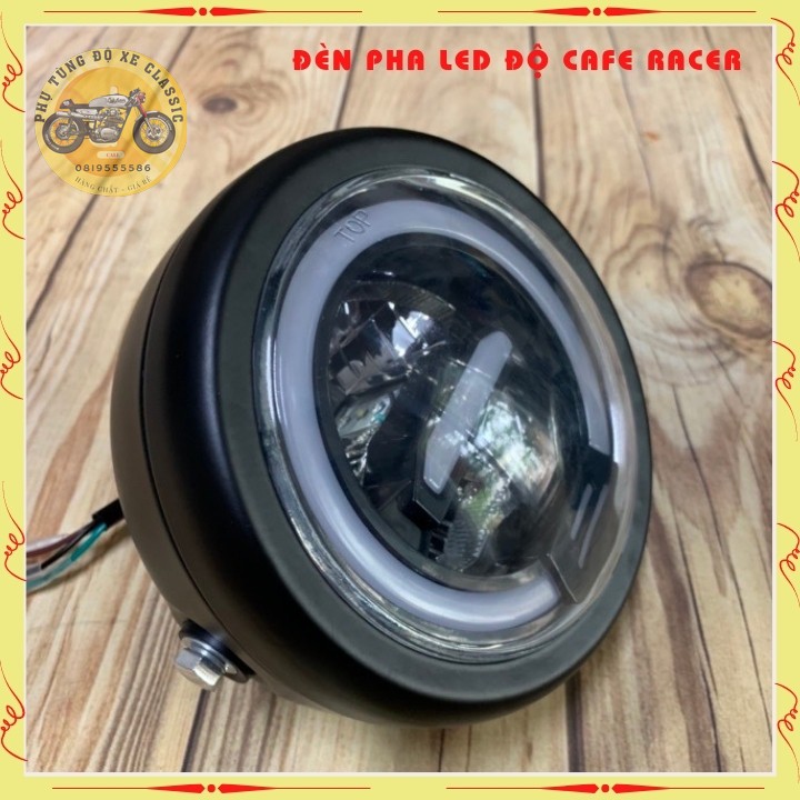 Đèn pha led cao cấp , đèn led pha độ xe máy CAFE RACER gáo sắt sơn đen mặt kính trong suốt