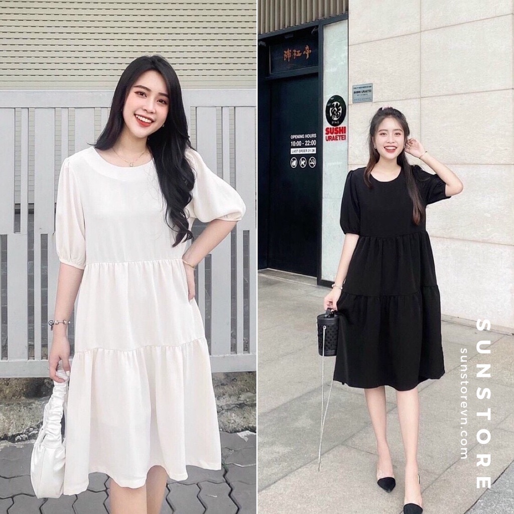 Đầm babydoll dáng dài midi váy xòe tay ngắn 2 màu trắng đen cổ điển