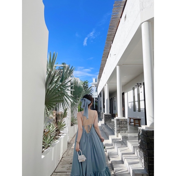 ( Ảnh thật ) V0324 Váy maxi lụa hở lưng dáng xoè rộng kèm khăn turban