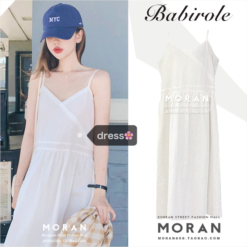 Đầm Trắng yếm hai dây MORAN cổ V phối ren dáng dài xòe dễ thương cô gái Pháp (Order)