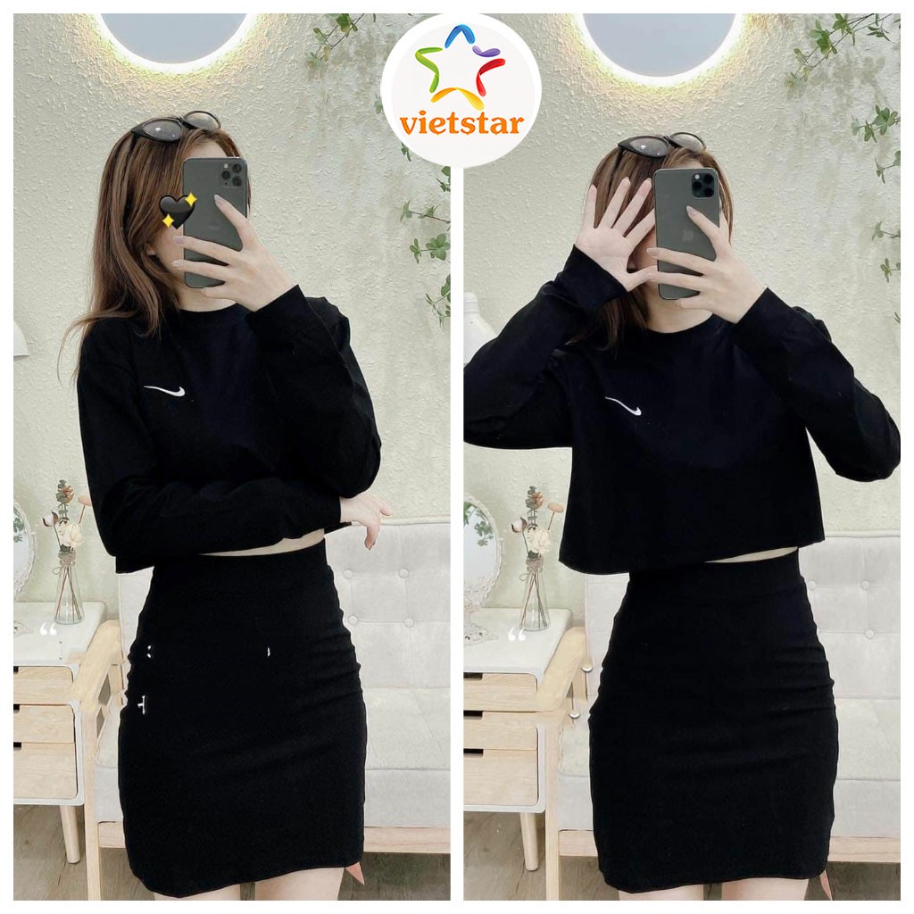 Set chân váy kèm áo thun croptop tay dài chất bozip mềm mịn - VIETSTAR