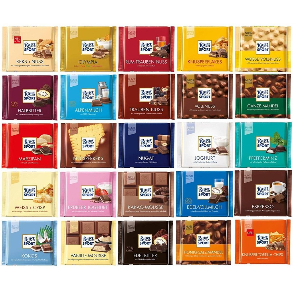 (20 vị) Chocolate Ritter Sport thanh 100gr