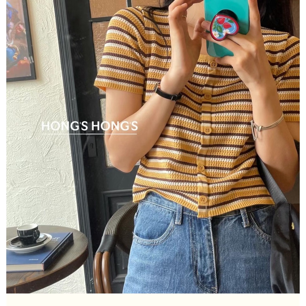 DUNEA Áo Thun Lửng Dệt Kim Họa Tiết Kẻ Sọc Thời Trang Mùa Hè Cho Nữ