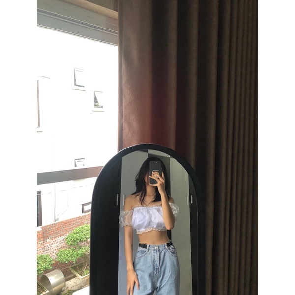 áo bẹt vai croptop voan kiếng rút ngực kèm hình thật